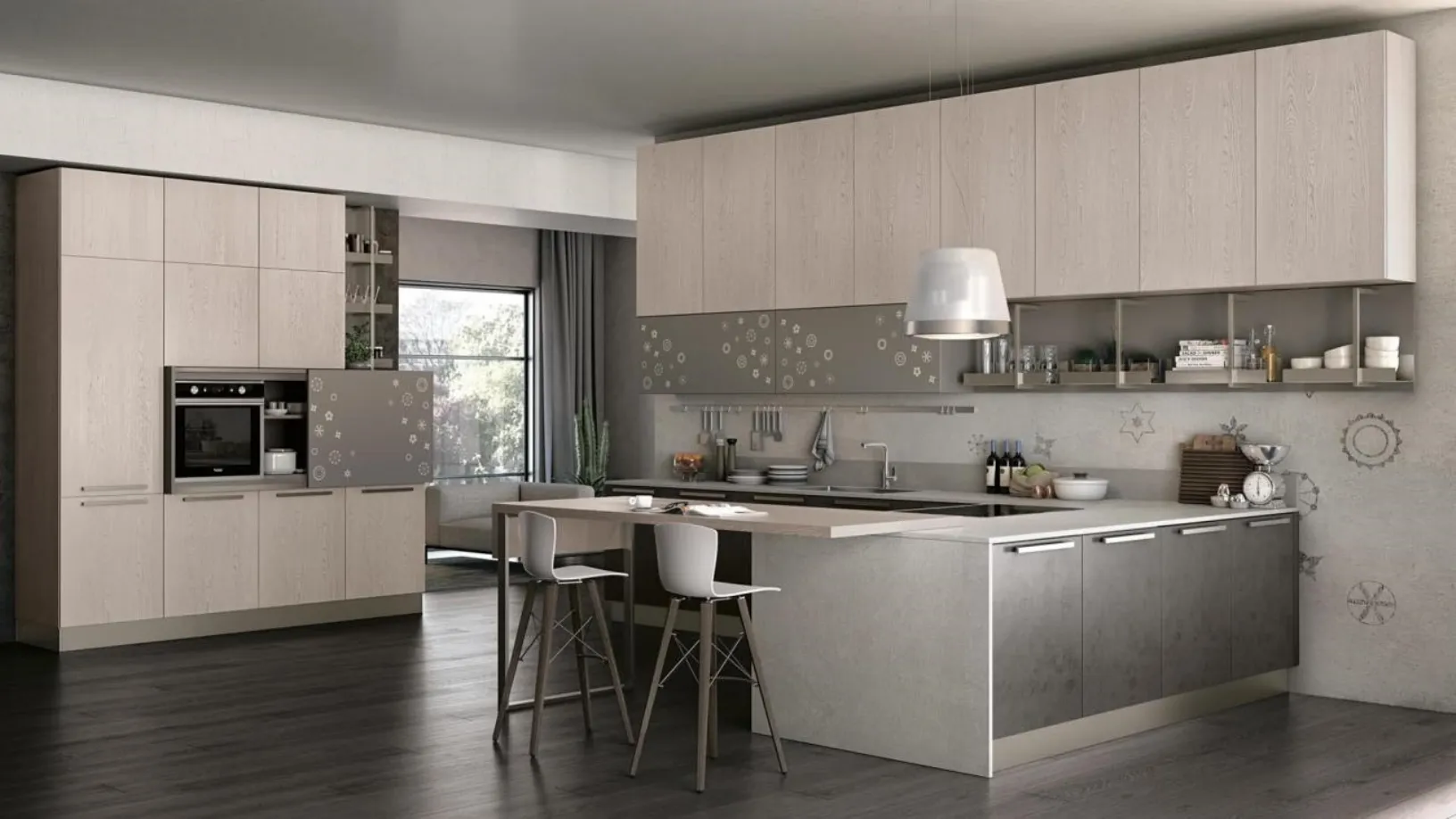 Cucina moderna con penisola in Rovere e laccato Clover 11 di Lube